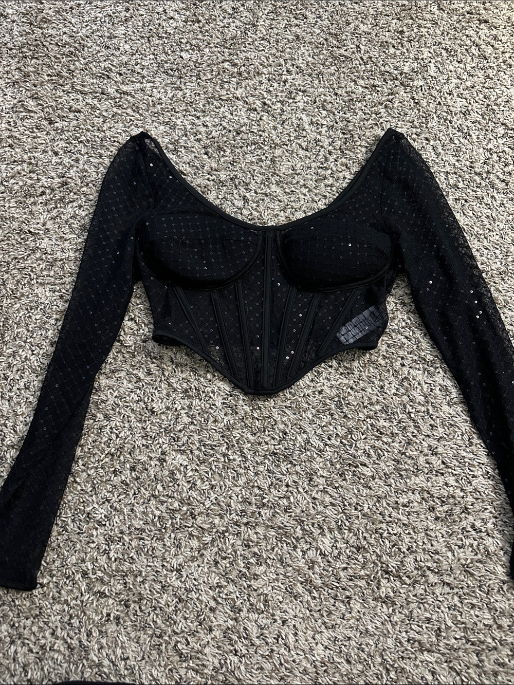 Sincerely Jules Black Long-Sleeve Mesh Corset Crop Top  (MRO)